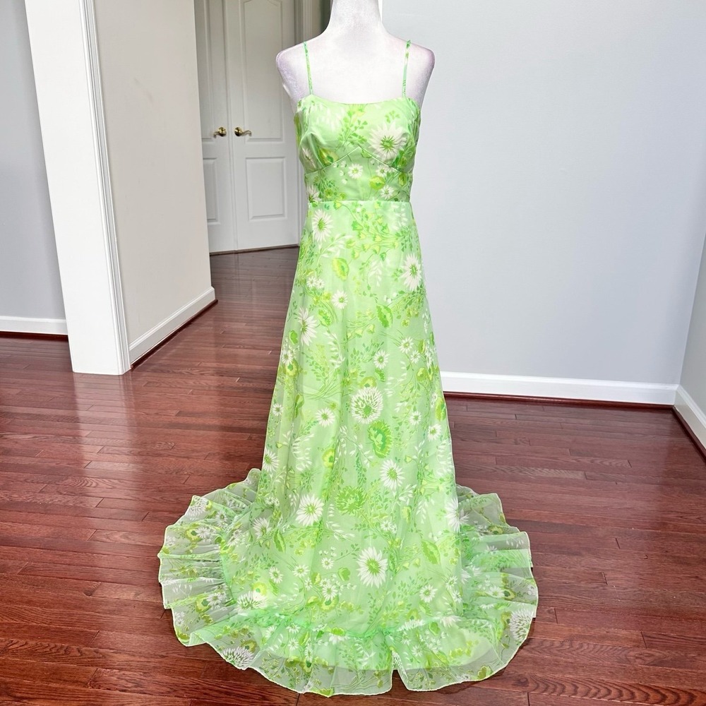 Vintage ILGWU Handmade Summer Green Floral 70s 80s 90s Elegant Gown Dress